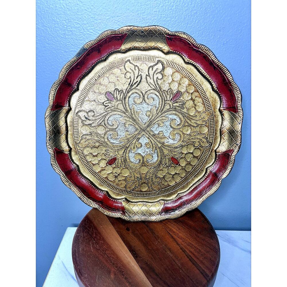Vintage Italian Florentine Gilt Tole Tray w/ Velvet Flocked Center Made in Italy